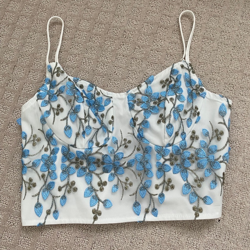 Blue Flower and Vine Embroidered Crop Top Medium